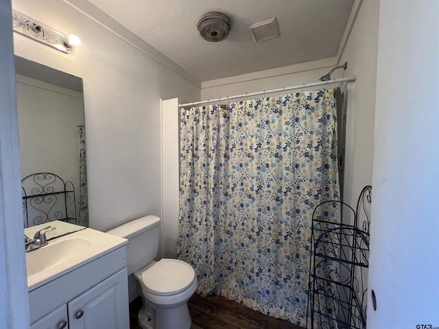 201 First St, Naples, TX 75568 - bathroom with wood finished floors, vanity, toilet, and curtained shower