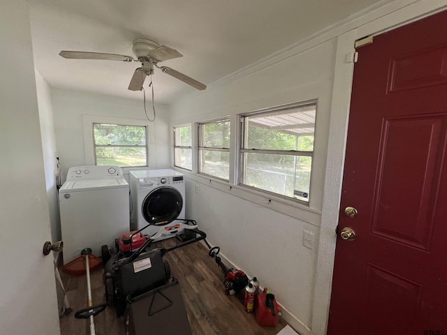 201 First St, Naples, TX 75568 - washroom featuring washer and dryer, wood finished floors, ceiling fan, and baseboards