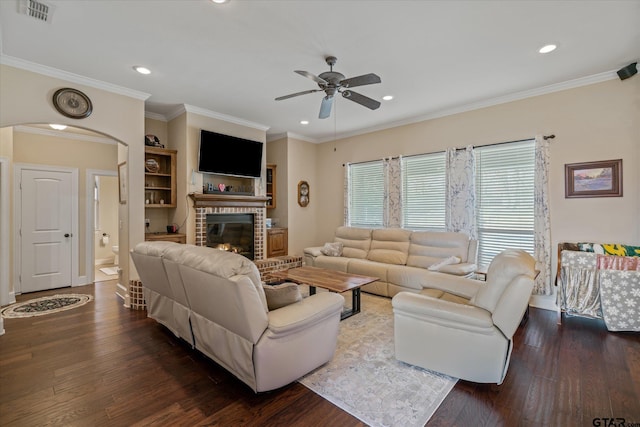 living area with recessed lighting, a fireplace, a ceiling fan, visible vents, and dark wood-style floors