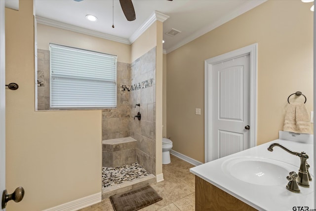 full bathroom featuring visible vents, ornamental molding, vanity, baseboards, and walk in shower