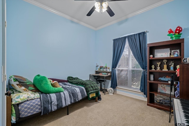 bedroom featuring carpet floors, crown molding, and ceiling fan