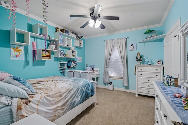 bedroom featuring baseboards, a ceiling fan, light colored carpet, and crown molding