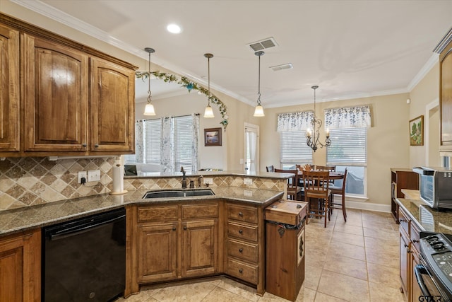 kitchen with dishwasher, brown cabinets, hanging light fixtures, stainless steel range oven, and a sink