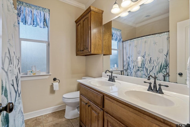 bathroom with ornamental molding, tile patterned flooring, a sink, and toilet