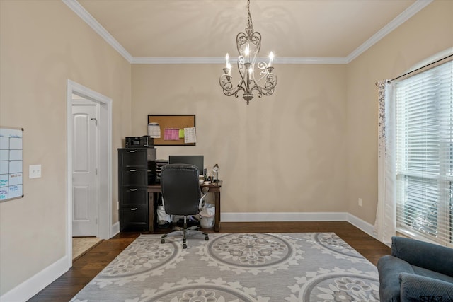 office featuring an inviting chandelier, baseboards, dark wood finished floors, and crown molding