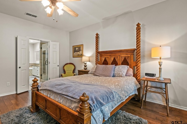 1509 Panther Creek Pass, Mount Vernon, TX 75457 - bedroom featuring wood-type flooring, baseboards, ensuite bathroom, and a ceiling fan
