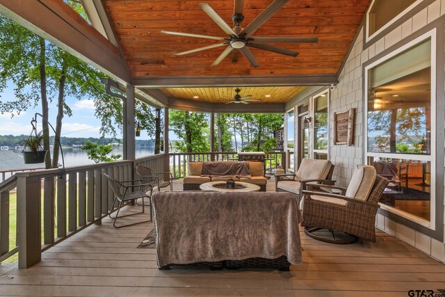 1509 Panther Creek Pass, Mount Vernon, TX 75457 - deck with an outdoor hangout area, a water view, and ceiling fan