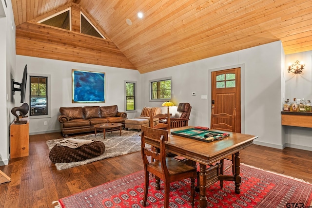 1509 Panther Creek Pass, Mount Vernon, TX 75457 - dining room with wooden ceiling, high vaulted ceiling, wood finished floors, and baseboards
