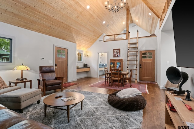 1509 Panther Creek Pass, Mount Vernon, TX 75457 - living area featuring wooden ceiling, a chandelier, high vaulted ceiling, wood finished floors, and baseboards