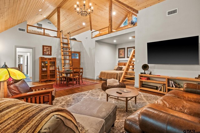 1509 Panther Creek Pass, Mount Vernon, TX 75457 - living area featuring wooden ceiling with exposed beams, high vaulted ceiling, wood finished floors, stairs, and baseboards