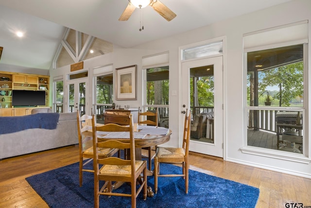 1509 Panther Creek Pass, Mount Vernon, TX 75457 - dining space with french doors, wood finished floors, ceiling fan, and vaulted ceiling