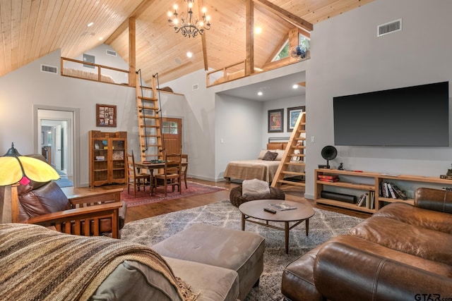 1509 Panther Creek Pass, Mount Vernon, TX 75457 - living room with wood ceiling with exposed beams, wood finished floors, high vaulted ceiling, a chandelier, and baseboards