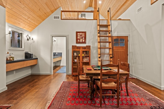 1509 Panther Creek Pass, Mount Vernon, TX 75457 - dining area featuring wooden ceiling, high vaulted ceiling, hardwood / wood-style floors, and baseboards