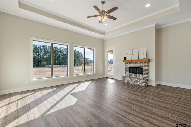 unfurnished living room featuring dark wood-type flooring, ornamental molding, a fireplace, and a raised ceiling