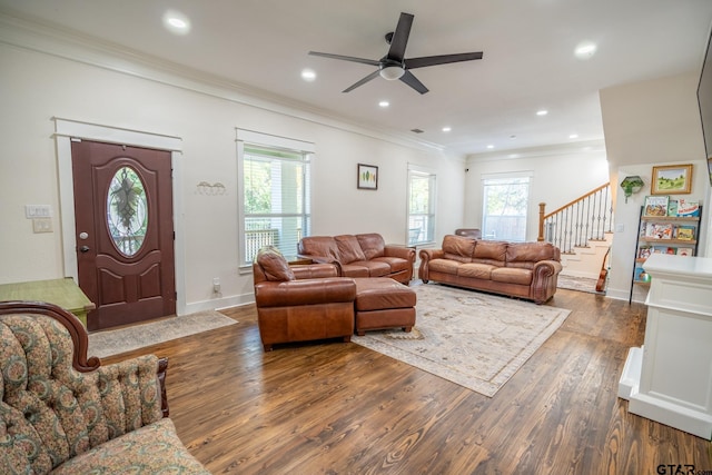 200 W Van St, Lindale, TX 75771 - living room with ornamental molding, dark wood finished floors, stairway, a ceiling fan, and recessed lighting