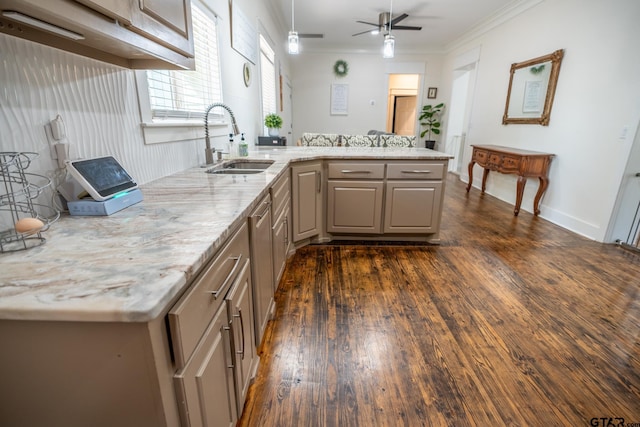 200 W Van St, Lindale, TX 75771 - kitchen featuring gray cabinets, a sink, a peninsula, dark wood-style floors, and ceiling fan