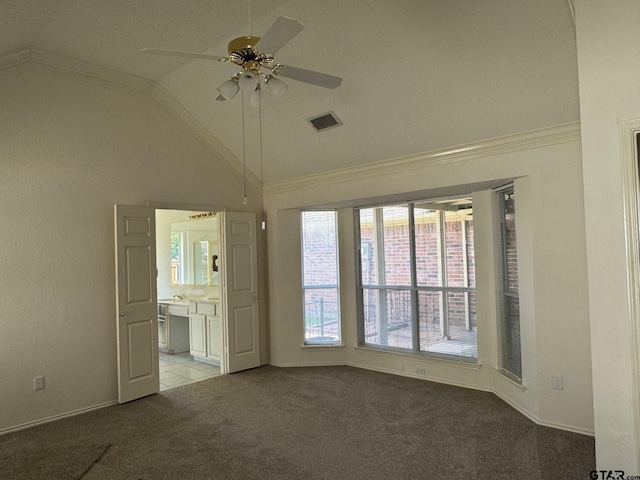 2414 Stillwater Dr, Mesquite, TX 75181 - unfurnished room with ceiling fan, light carpet, high vaulted ceiling, and crown molding