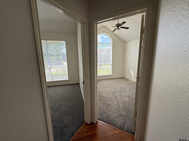 2414 Stillwater Dr, Mesquite, TX 75181 - corridor featuring lofted ceiling, a textured wall, and dark carpet