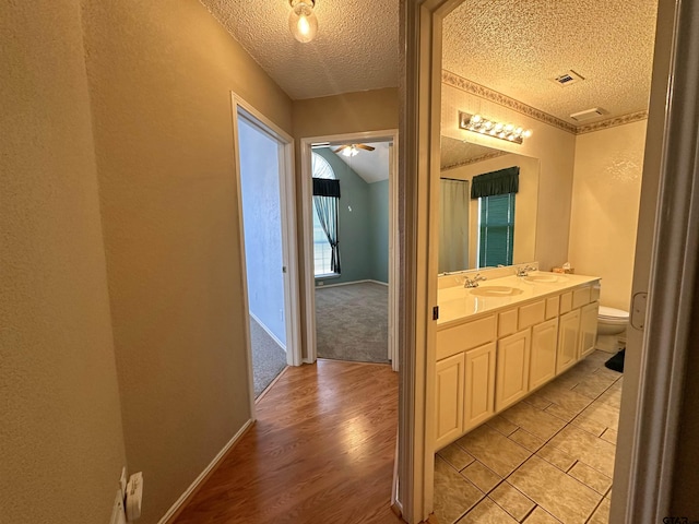 hallway featuring lofted ceiling, sink, light hardwood / wood-style floors, and a textured ceiling