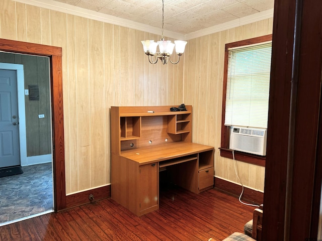 unfurnished office with dark hardwood / wood-style flooring, cooling unit, and wooden walls