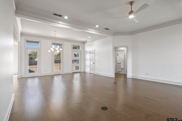 unfurnished living room featuring crown molding, dark hardwood / wood-style flooring, and ceiling fan with notable chandelier