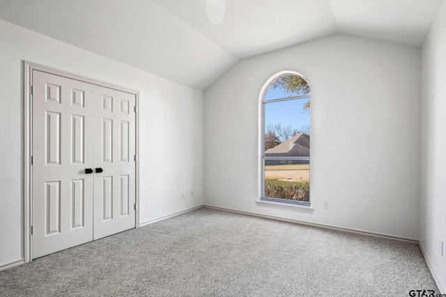 interior space featuring a closet, carpet floors, and vaulted ceiling