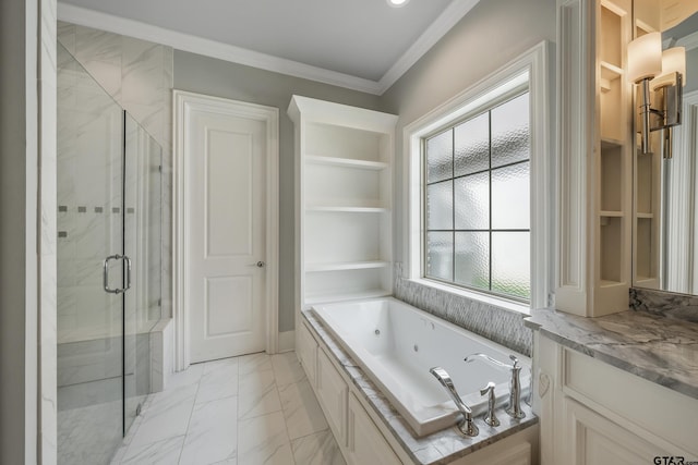 bathroom featuring vanity, a healthy amount of sunlight, crown molding, and plus walk in shower