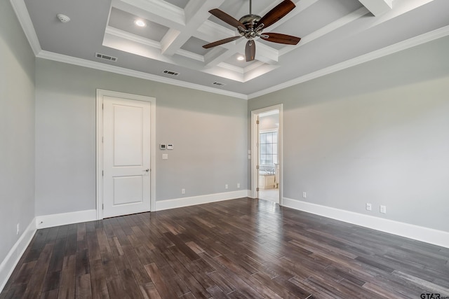 empty room featuring ornamental molding, dark hardwood / wood-style floors, beam ceiling, coffered ceiling, and ceiling fan