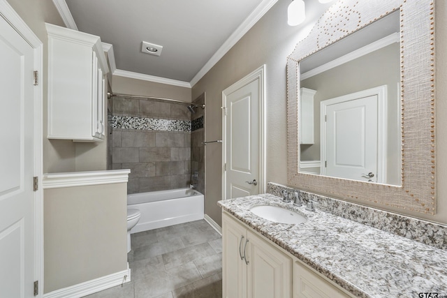 full bathroom with crown molding, vanity, tile patterned flooring, toilet, and tiled shower / bath