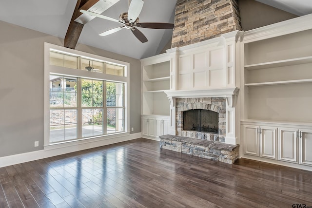 unfurnished living room featuring high vaulted ceiling, dark hardwood / wood-style floors, and ceiling fan