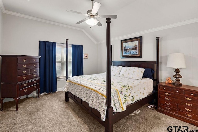 11317 Lindsey Gdns, Tyler, TX 75709 - bedroom featuring carpet floors, crown molding, vaulted ceiling, a ceiling fan, and baseboards