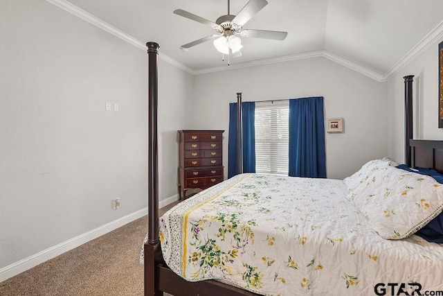 11317 Lindsey Gdns, Tyler, TX 75709 - carpeted bedroom featuring baseboards, crown molding, ceiling fan, and lofted ceiling