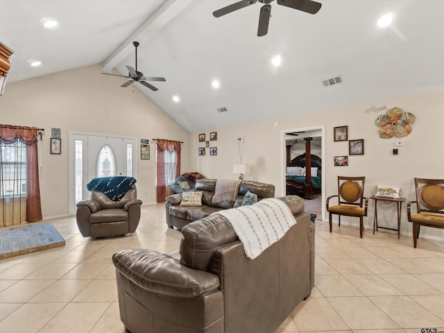 living room featuring high vaulted ceiling, light tile patterned floors, ceiling fan, and beam ceiling