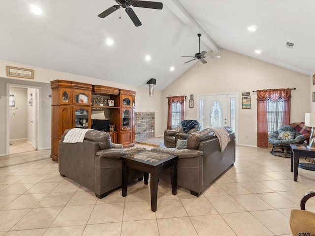 tiled living room featuring high vaulted ceiling, beamed ceiling, and ceiling fan