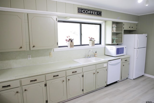 3008 Oak Knob Dr, Tyler, TX 75701 - kitchen featuring white appliances, crown molding, light wood-style floors, light countertops, and open shelves