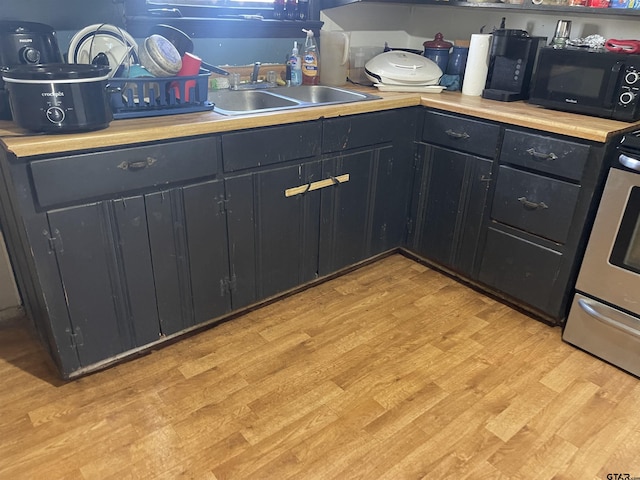 kitchen featuring sink, light hardwood / wood-style flooring, and stainless steel range oven