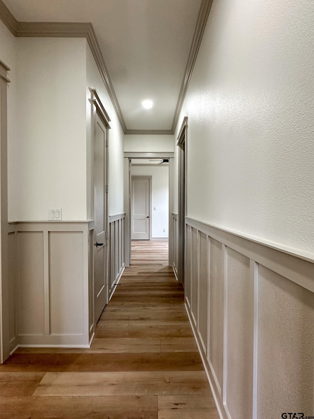 14438 Woodland Crk, Tyler, TX 75706 - hallway with a decorative wall, ornamental molding, light wood-type flooring, and wainscoting