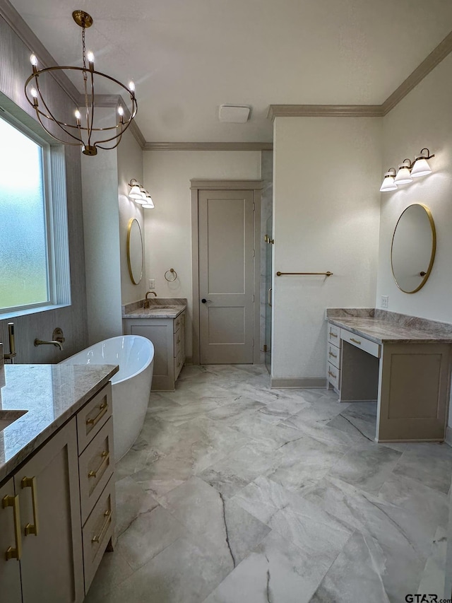 14438 Woodland Crk, Tyler, TX 75706 - full bathroom with two vanities, ornamental molding, a freestanding tub, and a chandelier