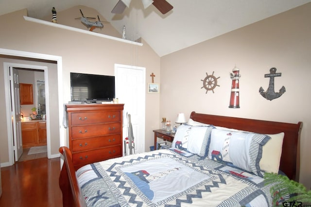 2333 Baretta Dr, Mesquite, TX 75181 - bedroom with wood finished floors, high vaulted ceiling, and ceiling fan
