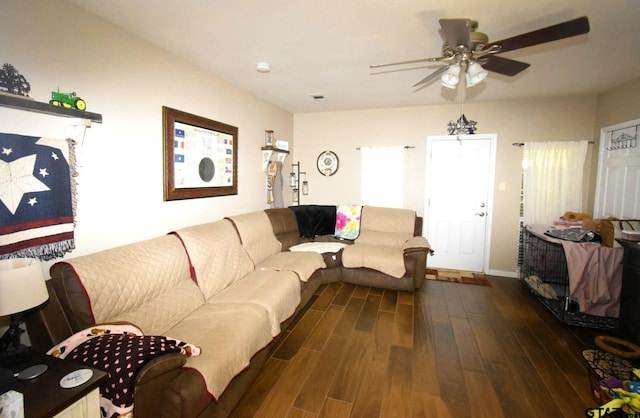 2333 Baretta Dr, Mesquite, TX 75181 - living room featuring dark wood-type flooring and a ceiling fan