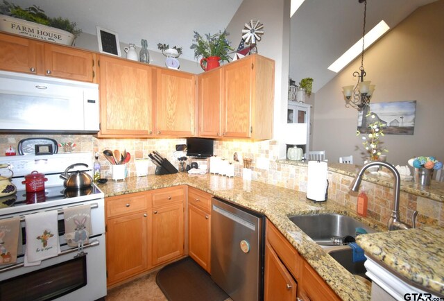 2333 Baretta Dr, Mesquite, TX 75181 - kitchen featuring white appliances, tasteful backsplash, lofted ceiling, light stone countertops, and a chandelier