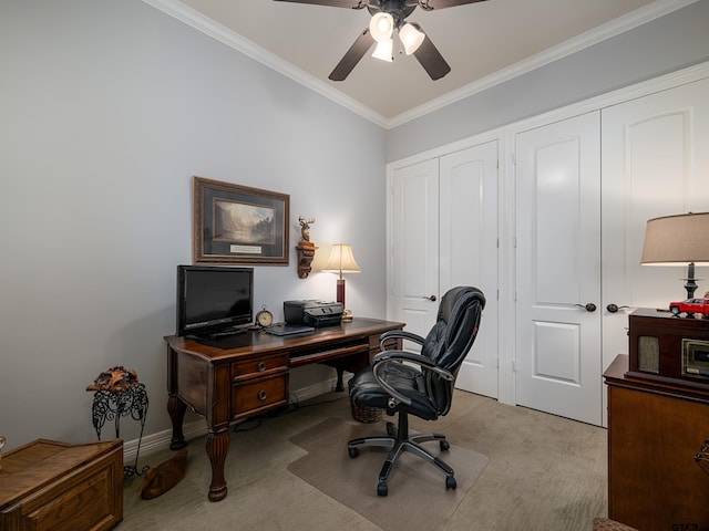 1857 Stonecrest Blvd, Tyler, TX 75703 - office area featuring light carpet, crown molding, ceiling fan, and baseboards