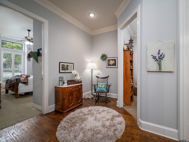 1857 Stonecrest Blvd, Tyler, TX 75703 - living area with ceiling fan, baseboards, ornamental molding, recessed lighting, and dark wood-type flooring