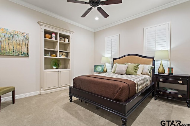 bedroom featuring light carpet, ceiling fan, and crown molding