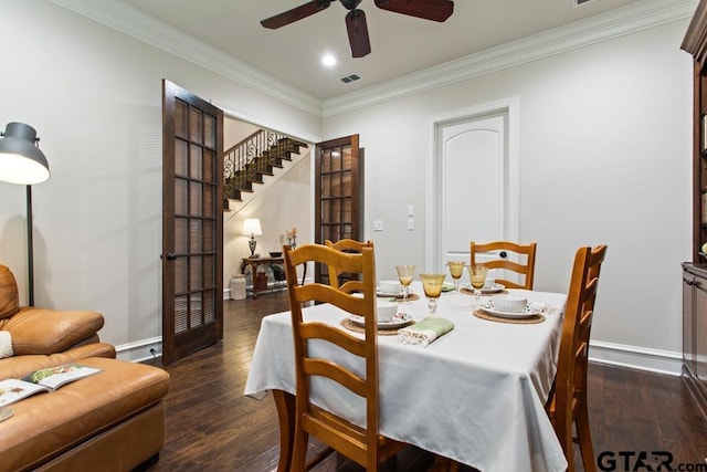 dining area featuring ornamental molding, dark hardwood / wood-style flooring, and ceiling fan