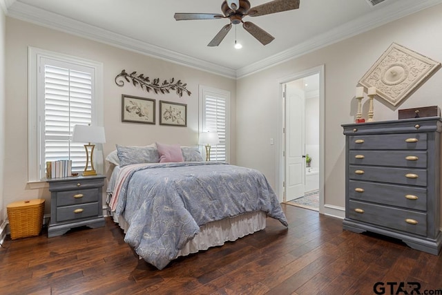 bedroom with multiple windows, ceiling fan, and dark hardwood / wood-style floors