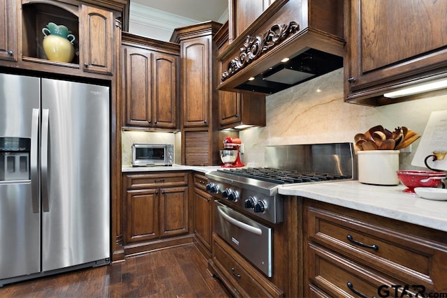 kitchen with stainless steel refrigerator with ice dispenser, custom range hood, light stone countertops, dark wood-type flooring, and decorative backsplash