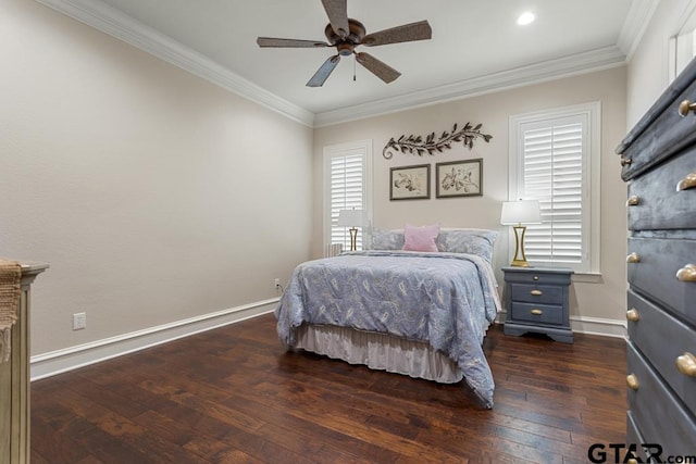 bedroom with ornamental molding, ceiling fan, and dark hardwood / wood-style floors