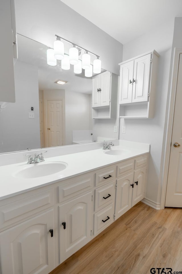 bathroom featuring double vanity, a sink, and wood finished floors