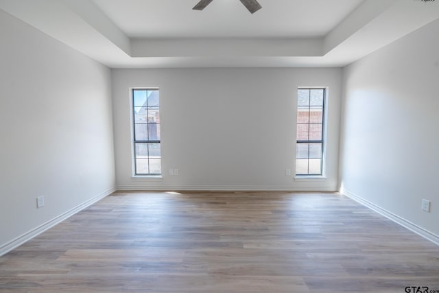 spare room featuring a healthy amount of sunlight, a tray ceiling, and wood finished floors